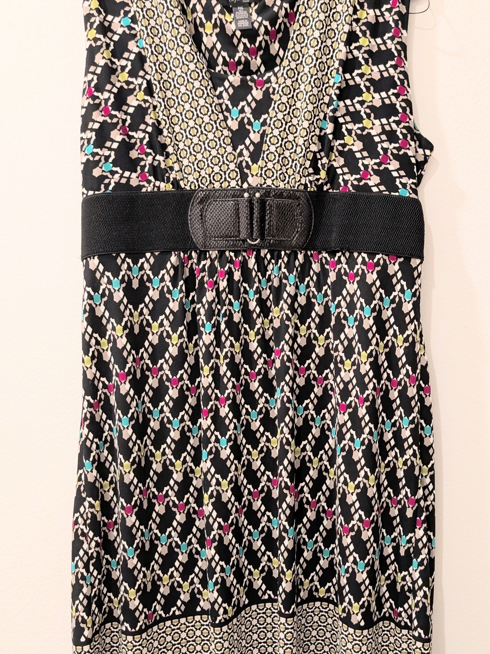 Girls Black Printed Dress with Multicolor Accents and Elastic Belt